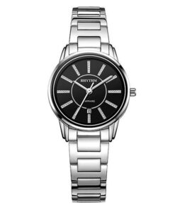 Rhythm G1204S02 silver stainless steel chain & sapphire glass black analog dial ladies wrist watch