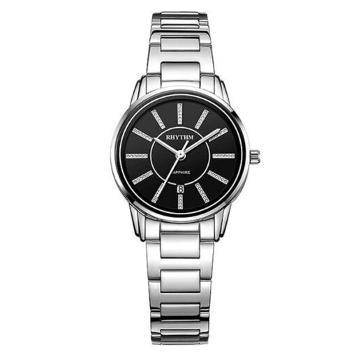 Rhythm G1204S02 silver stainless steel chain & sapphire glass black analog dial ladies wrist watch