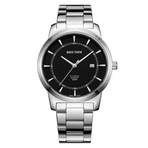 Rhythm GS1601S02 silver stainless steel & black analog dial formal watch