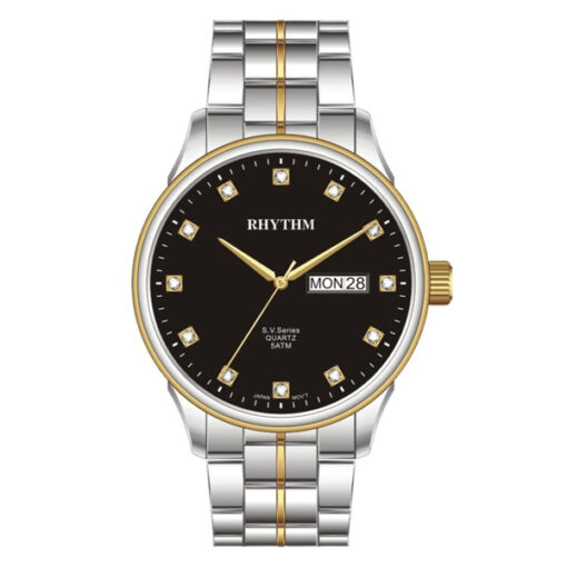 Rhythm GS1602S04 two tone stainless steel & black analog dial men’s gift watch