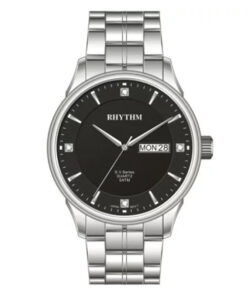 Rhythm GS1603S02 silver stainless steel chain & black analog dial men hand watch