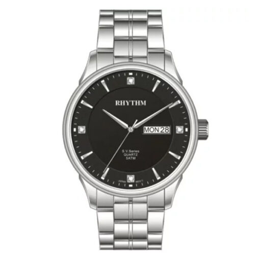 Rhythm GS1603S02 silver stainless steel chain & black analog dial men hand watch