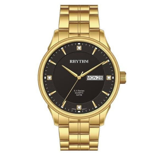 Rhythm GS1603S07 golden stainless steel & black analog dial men’s stylish watch