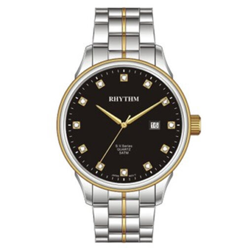 Rhythm GS1607S04 two tone stainless steel chain & black analog dial ladies dress wtch