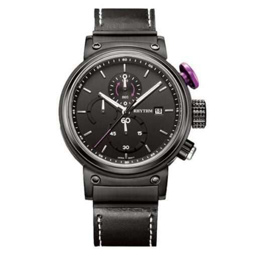Rhythm I1101R04 black leather band & black chronograph dial men’s gift watch