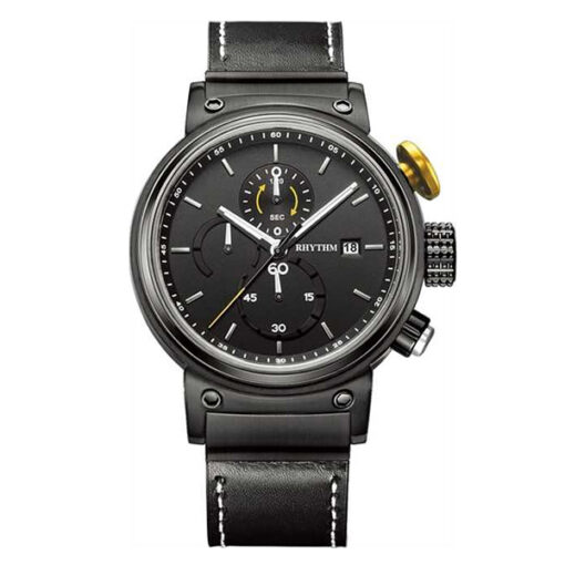 Rhythm I1101R06 black leather band & black chronograph dial men’s wrist watch