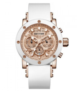 Rhythm I1203R03 white silicone strap rose gold chronograph dial men's hand watch