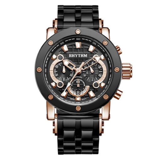 Rhythm I1203S02 black stainless steel chain & black chronograph dial men’s gift watch