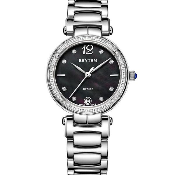 Rhythm L1504S02 silver stainless steel chain & sapphire glass black analog stone dial ladies quartz watch