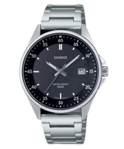 Casio MTP-E705D-1E silver stainless steel chain & black analog dial men's classical watch