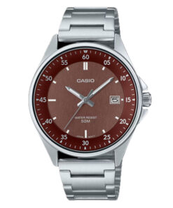 Casio MTP-E705D-5E silver stainless steel chain & brown analog dial men's gift watch