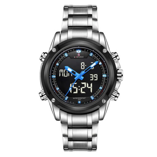NaviForce 9050 silver stainless steel chai black analog digital dial wrist watch