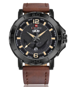 NaviForce NF9122 brown leather strap black analog dial men's hand watch