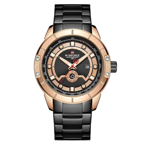 NaviForce 9166 black stainless steel chain rose gold case analog dial men's gift watch