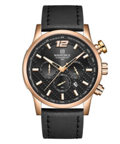 NaviForce 8002 black leather strap rose gold case round chronograph dial men's dress watch
