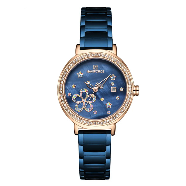 NaviForce NF5016 Stone Engraved Floral Dial Ladies Blue Watch