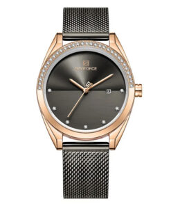 Naviforce NF5015 black mesh steel chain stone embedded case analog wrist watch