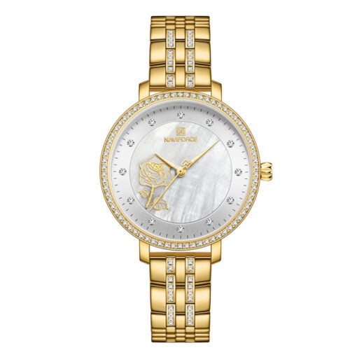 Naviforce NF5017 golden stainless steel chai white flower printed analog dial ladies gift watch