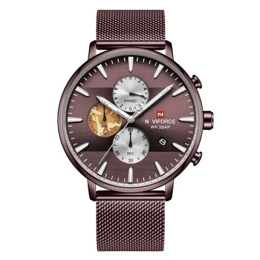 Naviforce NF9169 brown mesh steel chain round chronograph dial men's dress watch