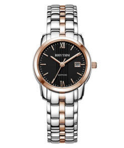 Rhythm P1210S06 two tone stainless steel & black analog dial ladies classical watch