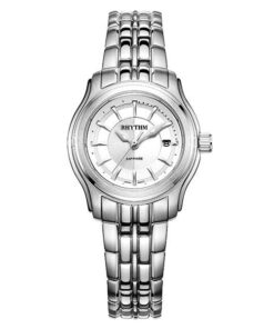 Rhythm P1214S01 silver stainless steel chain & sapphire glass white analog dial ladies wrist watch