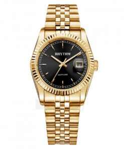 Rhythm R1201S06 golden stainless steel & black analog dial men's fashion watch