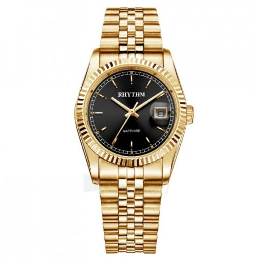 Rhythm R1201S06 golden stainless steel & black analog dial men's fashion watch