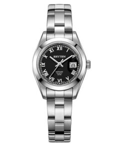 Rhythm RQ1614S02 silver stainless steel chain & sapphire glass black analog dial ladies dress watch