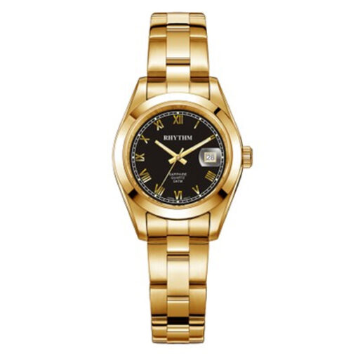 Rhythm RQ1614S06 golden stainless steel chain & sapphire glass black analog dial ladies gift watch