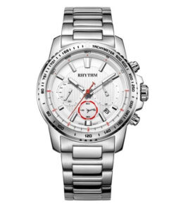 Rhythm S1401S01 silver stainless steel & white dial chronograph men's wrist watch