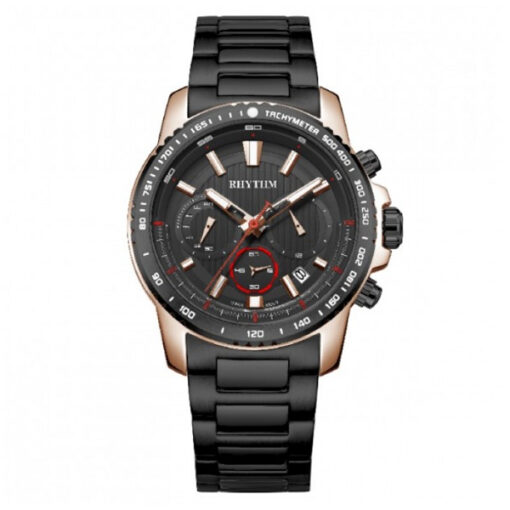 Rhythm S1401S05 black stainless steel band & black chronograph dial men’s stylish watch