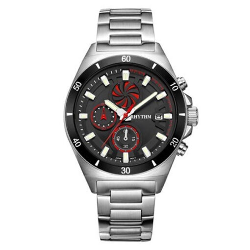 Rhythm S1404S02 silver stainless steel band & black chronograph dial men’s dress watch