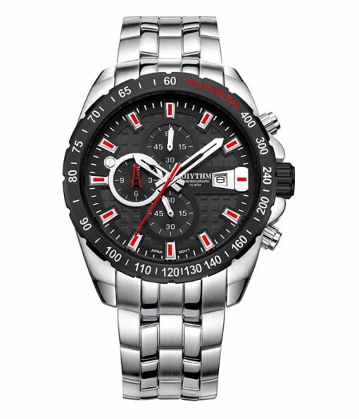 Rhythm S1407S03 silver stainless steel chain & black chronograph dial men's dress watch