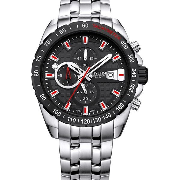 Rhythm S1407S03 silver stainless steel chain & black chronograph dial men's dress watch