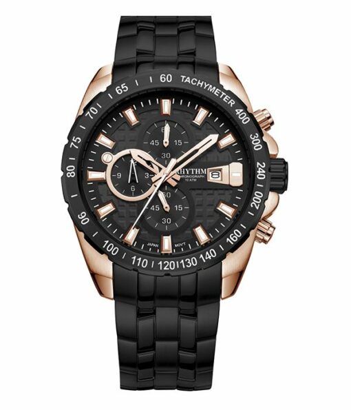 Rhythm S1407S05 black stainless steel chain & black chronograph dial men's luxury watch
