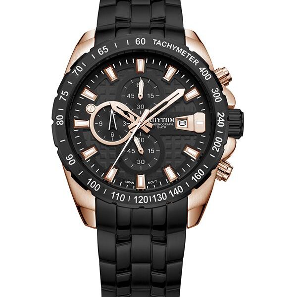 Rhythm S1407S05 black stainless steel chain & black chronograph dial men's luxury watch