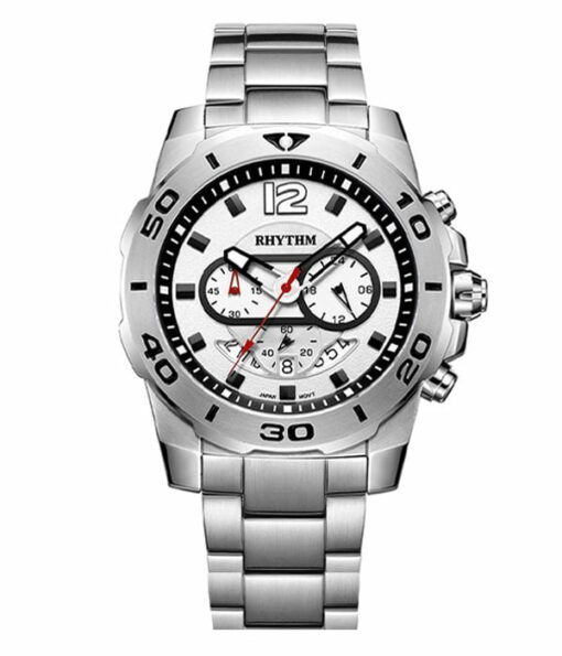 Rhythm S1408S01 silver stainless steel chain & white chronograph dial men’s stylish watch
