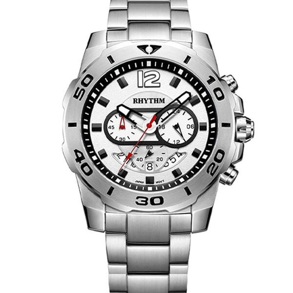 Rhythm S1408S01 silver stainless steel chain & white chronograph dial men’s stylish watch