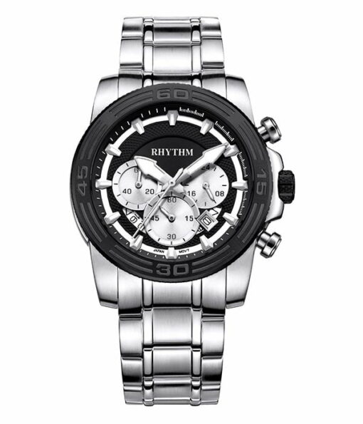 Rhythm S1409S02 silver stainless steel chain & black chronograph dial gent's fashion watch