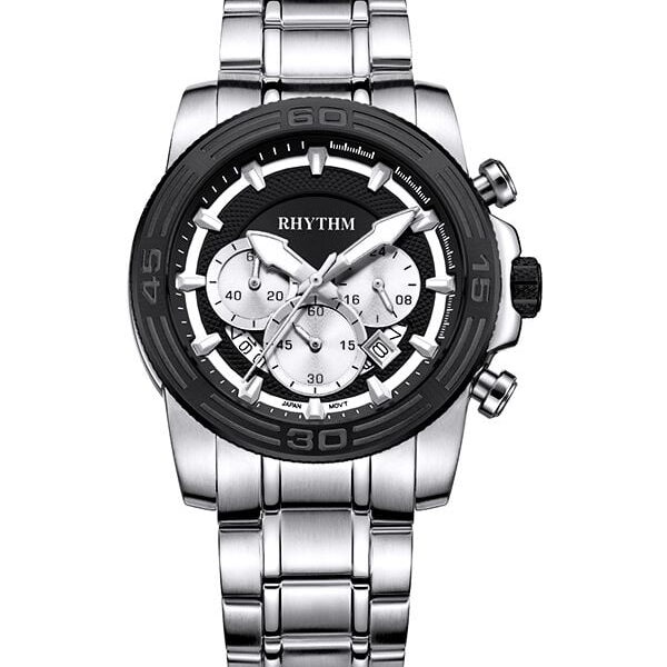 Rhythm S1409S02 silver stainless steel chain & black chronograph dial gent's fashion watch