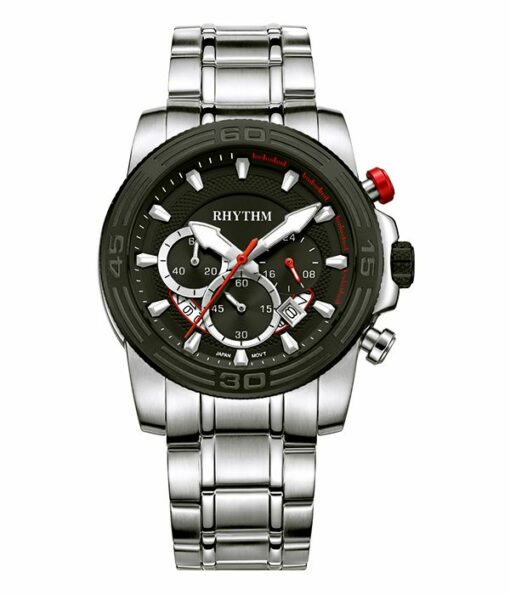 Rhythm S1409S03 silver stainless steel chain & black chronograph dial men's dress watch
