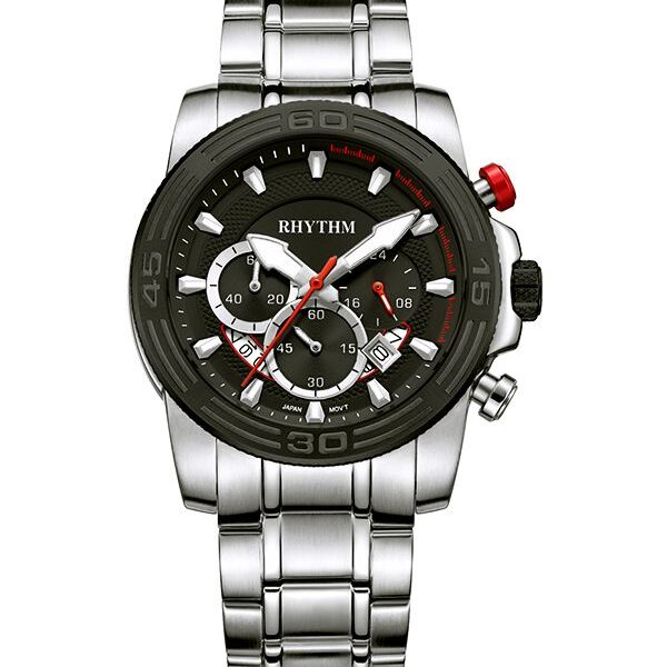 Rhythm S1409S03 silver stainless steel chain & black chronograph dial men's dress watch