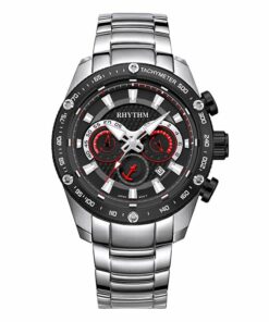 Rhythm S1410S02 silver stainless steel chain & black chronograph dial men's wrist watch
