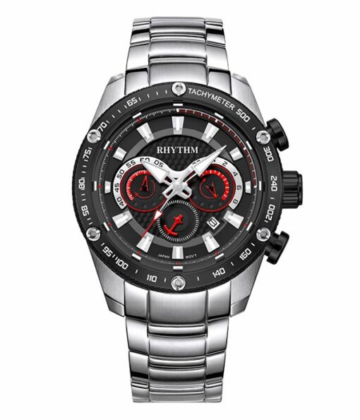 Rhythm S1410S02 silver stainless steel chain & black chronograph dial men's wrist watch