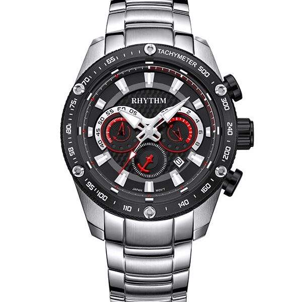 Rhythm S1410S02 silver stainless steel chain & black chronograph dial men's wrist watch