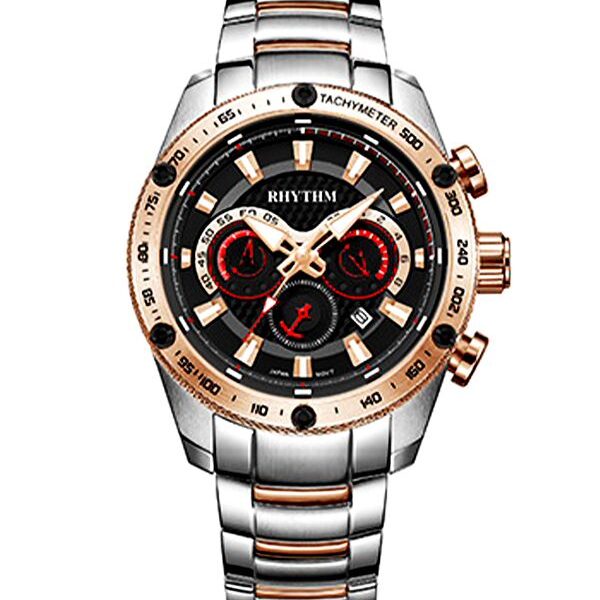 Rhythm S1410S04 two tone stainless steel & black chronograph dial men’s hand watch