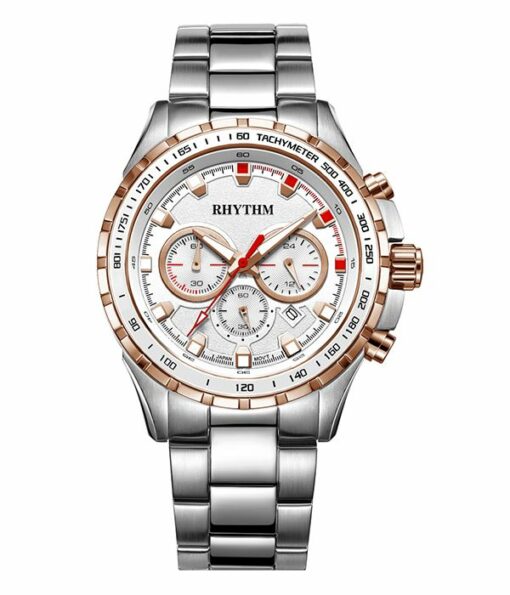 Rhythm S1411S04 silver stainless steel chain & white chronograph dial men's dress watch