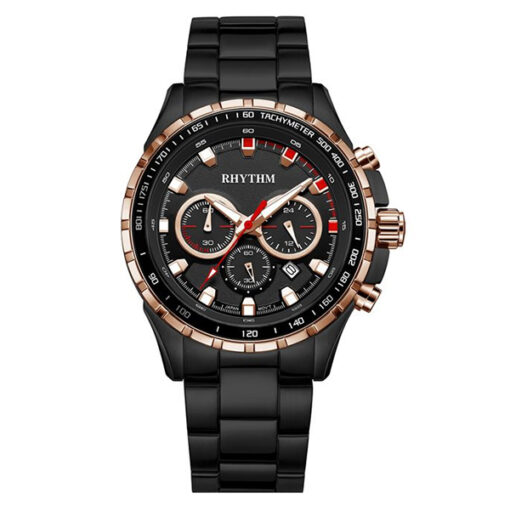 Rhythm S1411S05 black stainless steel chain & black chronograph dial men's luxury watch