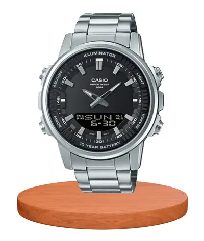 Casio AMW 880D 1A new analog digital dial men's silver steel chain wrist watch