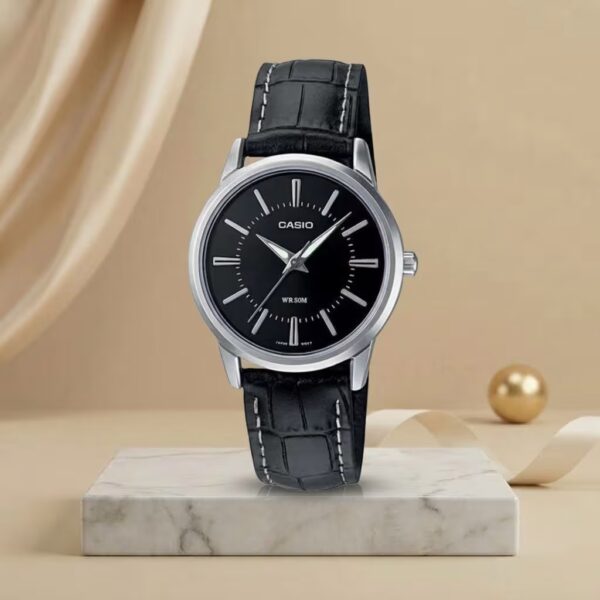 Casio LTP-1303L-1AV ladies black dial watch with silver case and black leather strap